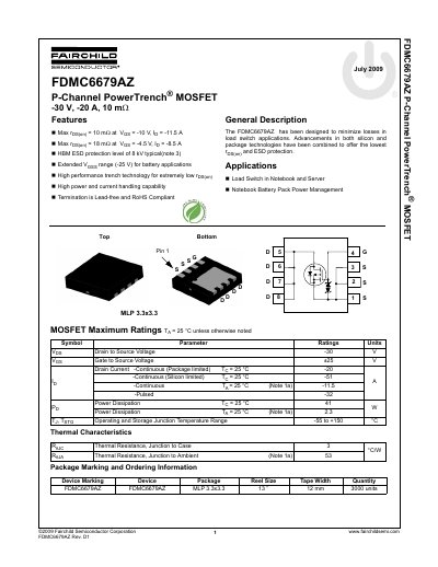 Fairchild FDMC6679AZ P-Channel MOSFET Datasheet - cover page