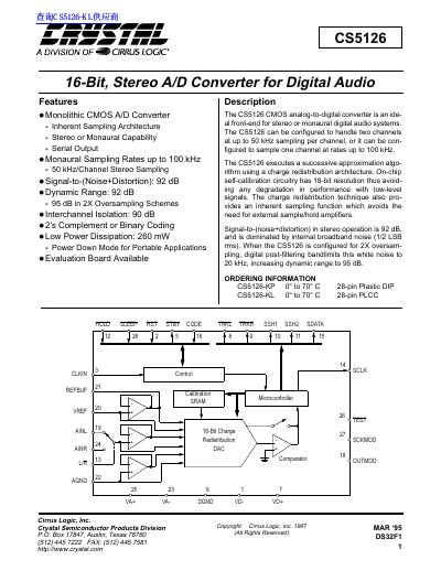 Cirrus Logic CS5126 16-Bit Stereo A/D Converter Datasheet - cover page
