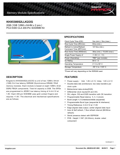 Kingston KHX5300S2LLK2/2G Memory Kit Product Leaflet - cover page