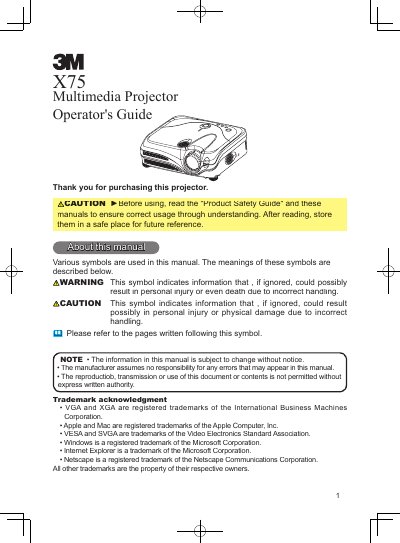 3M X75 Multimedia Projector Operator's Guide - cover page