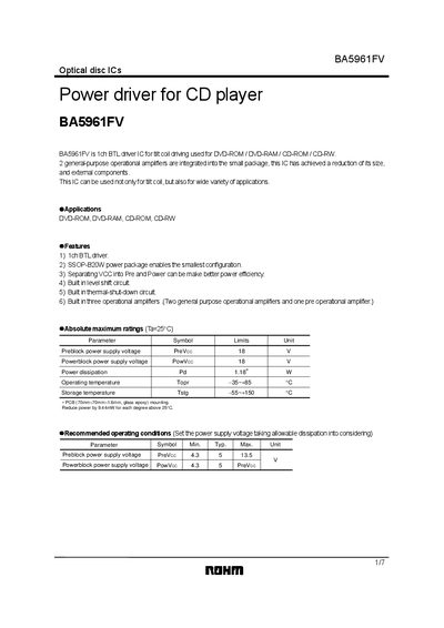 ROHM BA5961FV Power Driver for CD Player Datasheet - cover page