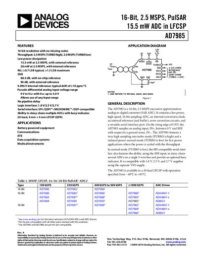Analog Devices AD7985 16‑Bit 2.5 MSPS PulSAR ADC Datasheet - cover page
