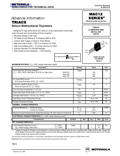 Motorola MAC12 Series Triac Datasheet - cover page