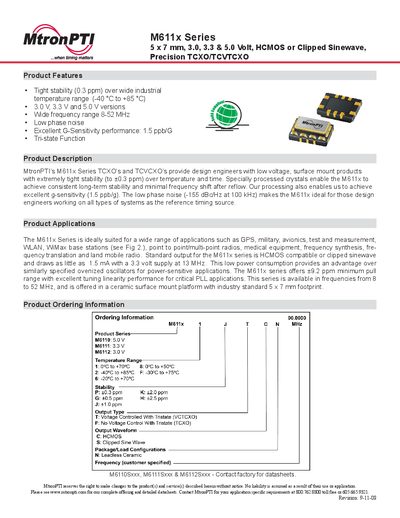 MtronPTI M611x Series TCXO Datasheet - cover page