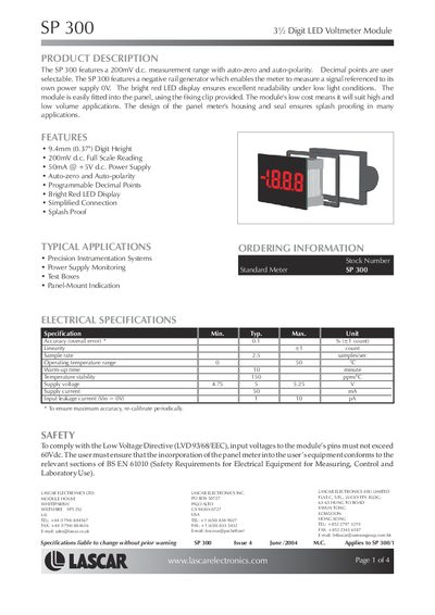 Lascar SP 300 3½ Digit LED Voltmeter Module Datasheet - cover page
