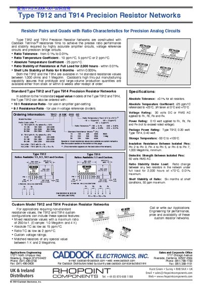 CADDOCK Type T912 T914 Precision Resistor Networks1 - cover page