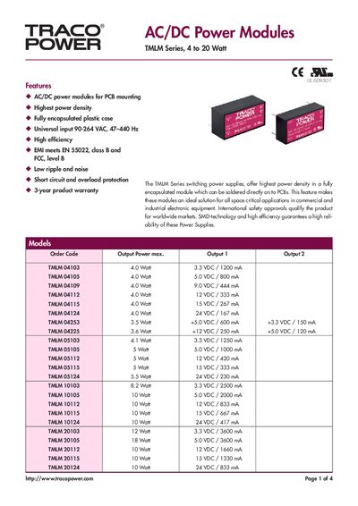 TracoPower TMLM Series 4 to 20 Watt AC/DC Power Modules Handbook - cover page