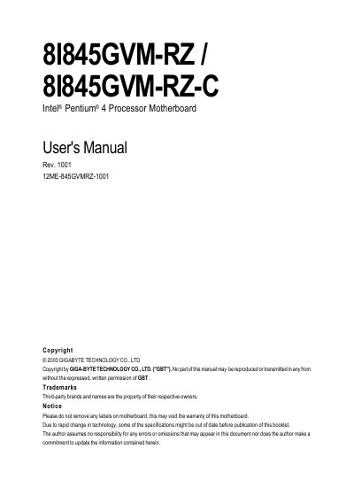 8I845GVM-RZ 8I845GVM-RZ-C Intel Pentium 4 Processor Motherboard User's Manual