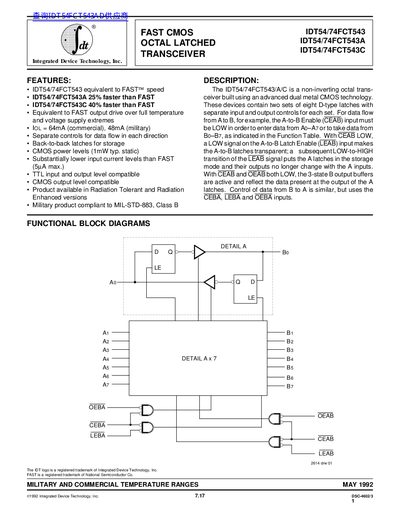 FDT IDT54/74FCT543 IDT54/74FCT543A IDT54/74FCT543C DATA SHEET - cover page