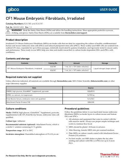 Thermo Fisher Scientific CF1 Mouse Embryonic Fibroblasts Irradiated User Guide - cover page