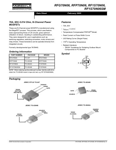 FAIRCHILD RFG70N06 RF1S70N06 RFP70N06 RF1S70N06SM Manual - cover page