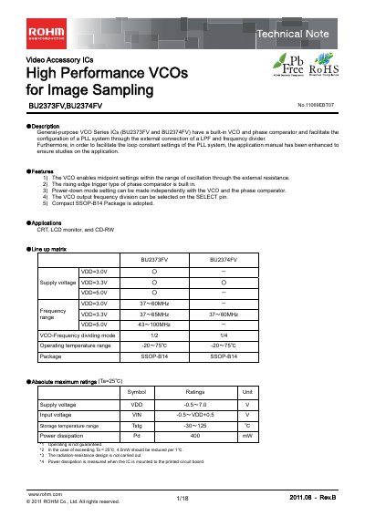 ROHM BU2373FV & BU2374FV Technical Note - cover page