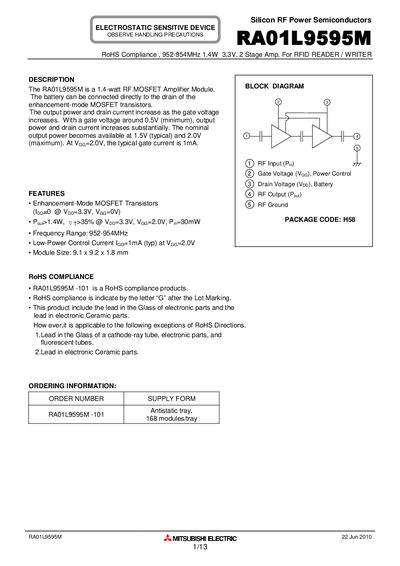 Mitsubishi Electric RA01L9595M RF MOSFET Amplifier Module Datasheet - cover page