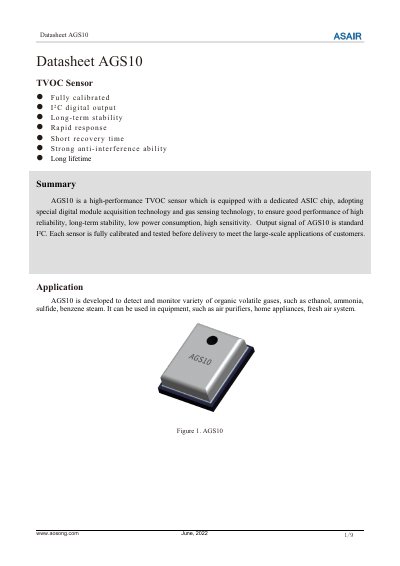 Aosong AGS10 TVOC Sensor Datasheet - cover page