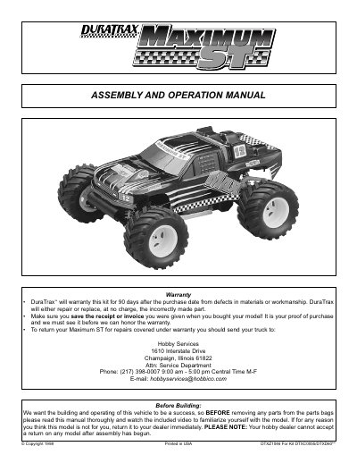 DuraTrax Maximum ST R/C Truck Assembly and Operation Manual - cover page