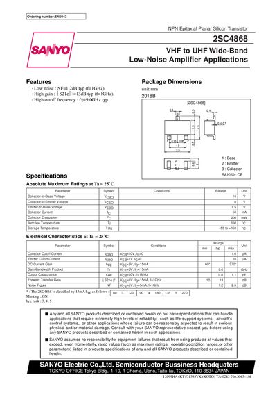SANYO 2SC4868 VHF to UHF Wide-Band Low-Noise Amplifier Applications Handbook - cover page
