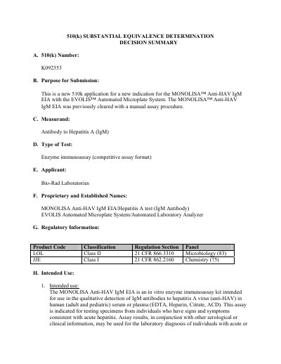 MONOLISA Anti-HAV IgM EIA EVOLIS Automated Microplate System 510(k) Decision Summary