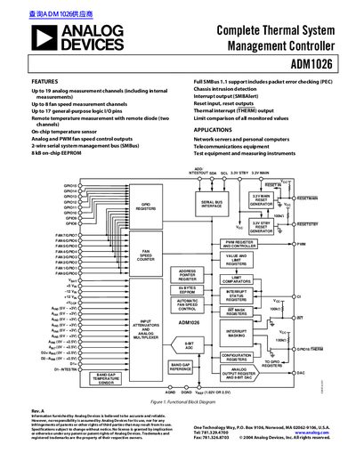 Analog Devices ADM1026 Thermal System Management Controller Datasheet - cover page