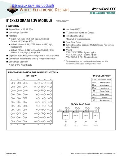 White Electronic Designs WS512K32V-XXX 512Kx32 SRAM Module Datasheet - cover page