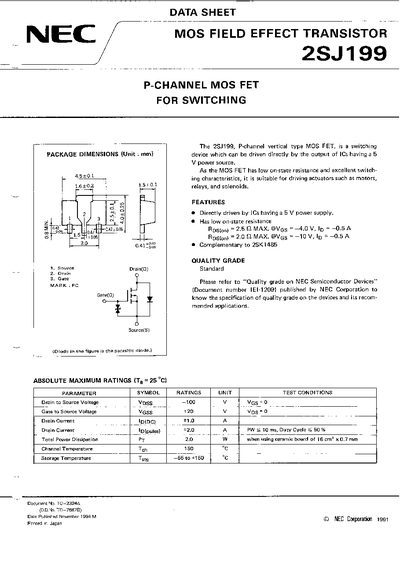 NEC 2SJ199 P-Channel MOS FET Datasheet - cover page