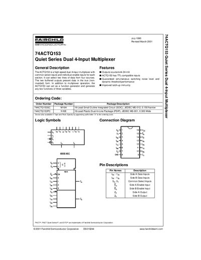 Fairchild 74ACTQ153 Quiet Series Dual 4-Input Multiplexer Datasheet - cover page