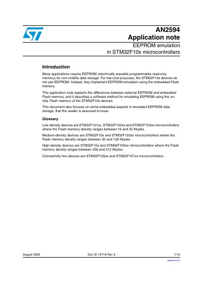 STMicroelectronics AN2594 EEPROM Emulation in STM32F10x Microcontrollers - cover page