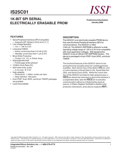 ISSI IS25C01 1K‑bit SPI Serial EEPROM Datasheet - cover page