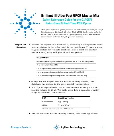 Stratagene Brilliant III Ultra-Fast QPCR Master Mix Quick Reference Guide - cover page