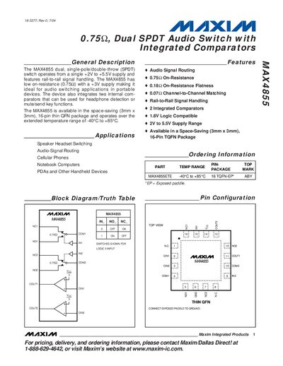 MAXIM MAX4855 0.75 Dual SPDT Audio Switch with Integrated Comparators handbook - cover page