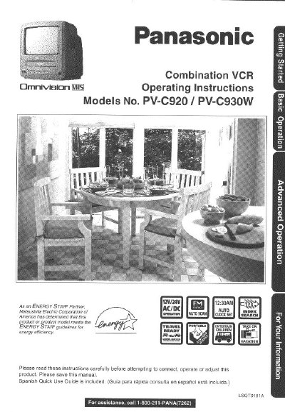 Panasonic PV-C920/PV-C930W Combination VCR Operating Instructions - cover page