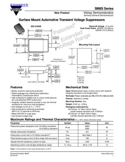 Vishay SM8S Series Transient Voltage Suppressors Datasheet - cover page