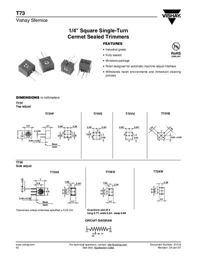 Vishay T73 1/4" Square Single-Turn Cermet Sealed Trimmers Datasheet - cover page