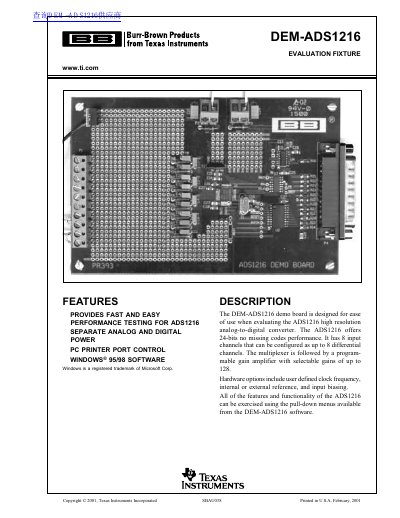 Texas Instruments DEM-ADS1216 Evaluation Fixture User Manual - cover page
