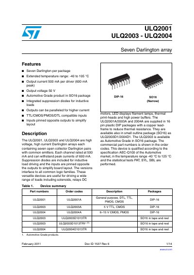 STMicroelectronics ULQ2001/ULQ2003/ULQ2004 Datasheet