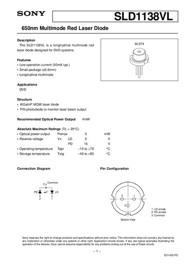 SONY SLD1138VL 650nm Multimode Red Laser Diode Manual - cover page