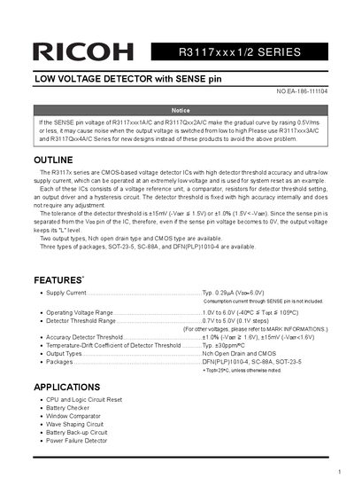 Ricoh R3117xxx1/2 Series Low Voltage Detector Datasheet - cover page