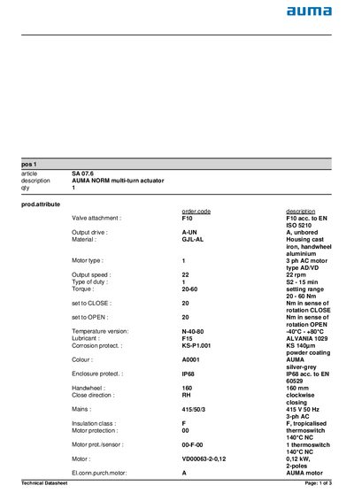 AUMA SA 07.6 Technical Datasheet - cover page