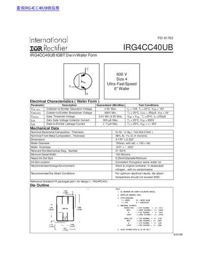 International Rectifier IRG4CC40UB IGBT Die Datasheet - cover page