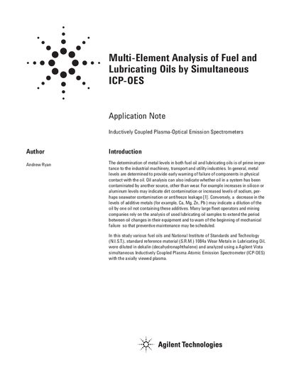 Agilent Vista Simultaneous ICP-OES Application Note for Fuel and Lubricating Oil Analysis - cover page