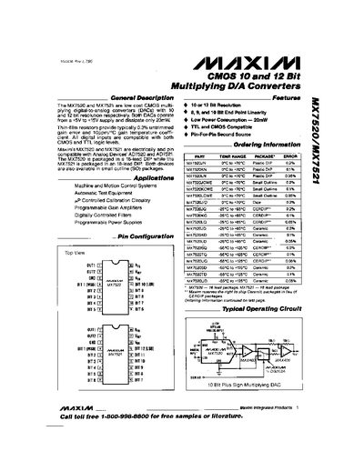 Maxim MX7520/MX7521 Multiplying D/A Converters Datasheet - cover page