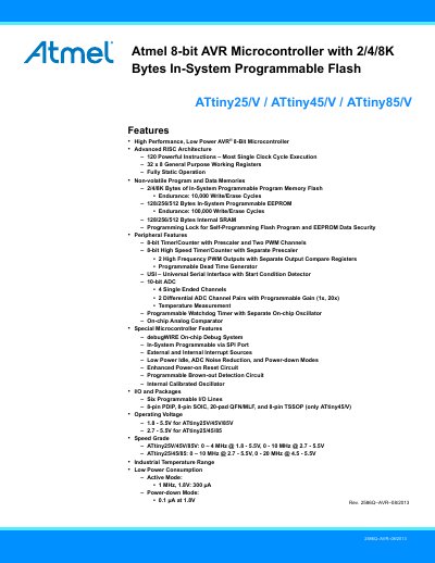 Atmel ATtiny25/45/85 Datasheet - cover page
