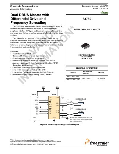 Freescale MC33780 Dual DBUS Master with Differential Drive Frequency Spreading Datasheet - cover page
