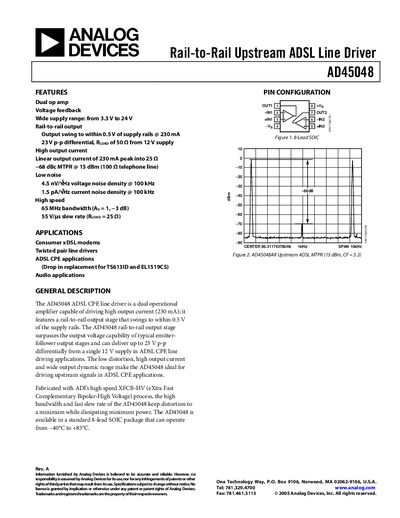 Analog Devices AD45048 Rail-to-Rail Upstream ADSL Line Driver Datasheet - cover page