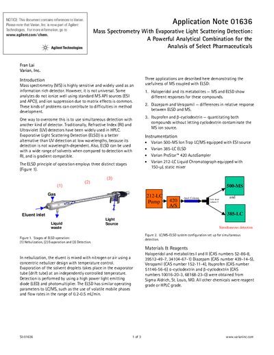 Agilent Application Note 01636: Mass Spectrometry With Evaporative Light Scattering Detection for Pharmaceuticals