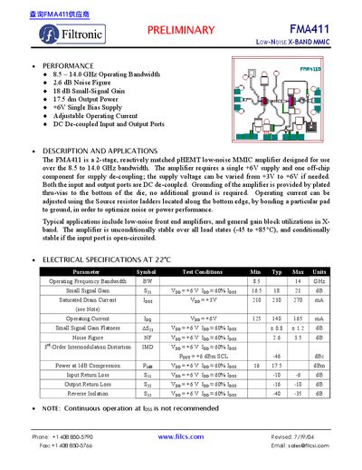 Filtronic FMA411 Low-Noise X-Band MMIC Datasheet - cover page