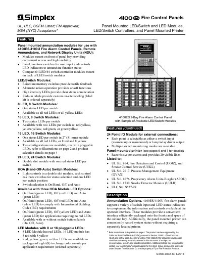 Simplex 4100ES/4100U Fire Alarm Control Panel Features - cover page