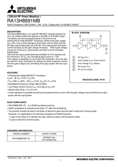 Mitsubishi Electric RA13H8891MB RF Power Module Datasheet - cover page