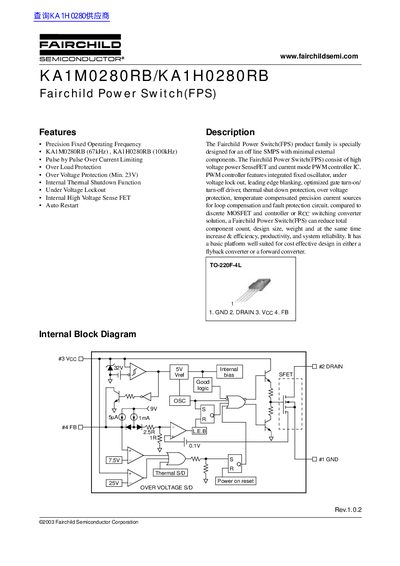 Fairchild KA1M0280RB/KA1H0280RB Power Switch Datasheet - cover page