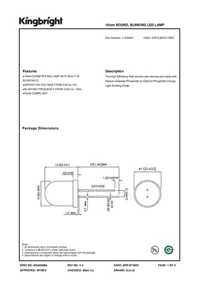 Kingbright DSAD8869 LED Lamp Datasheet - cover page