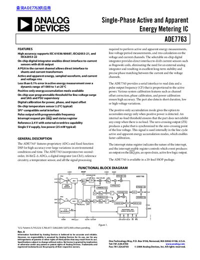Analog Devices ADE7763 Single-Phase Active and Apparent Energy Metering IC Datasheet - cover page